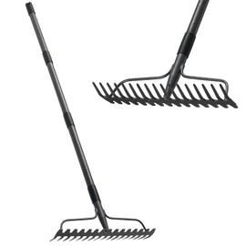 Bow Rakes for Lawns, 17 Prongs 17" Wide Heavy Duty Metal Garden Rake Long Handle 50", Adjustable Rock Yard Thatch Rake for Leaves Gardening Loosening Soil Mulch Gathering Leaf