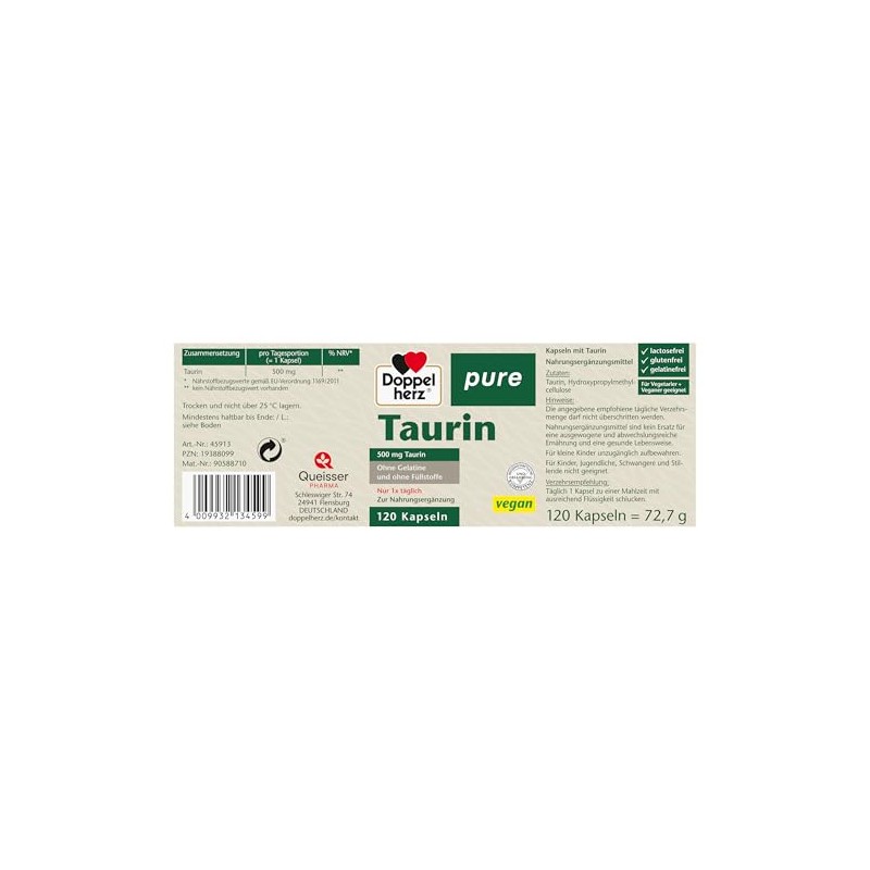 Doppelherz Pure Taurine 500 mg per Capsule - No Fillers