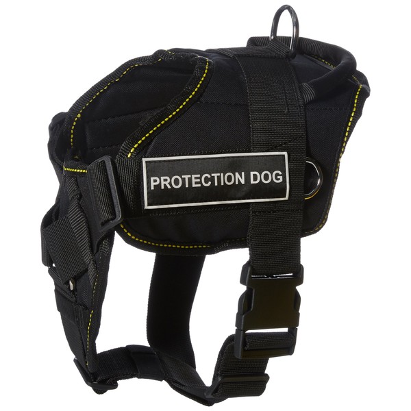 Dean & Tyler Fun Works Protection Dog Harness with Padded Chest Piece, Medium, Fits Girth Size: 28-Inch to 34-Inch, Black with Yellow Trim