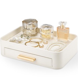 GORESA PU Leather Valet Tray with Drawer, Nightstand Organizer Catch All Tray for Jewelry Perfume Purse Trinket Key Holder, EDC Trays for Desk Vanity Entryway Table, Gift for Women Men, Cream White