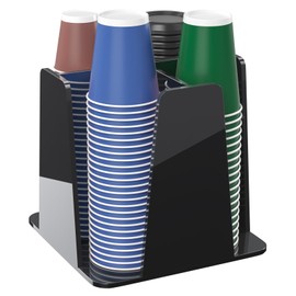 HOUSEDOMO Coffee Cup Organizer for Countertop - Rotating Plastic Cup Holder 4 Compartments Black Acrylic Cup and Lid Holder for Coffee Bar Restaurant Breakroom Disposable Paper Coffee Cup Dispenser