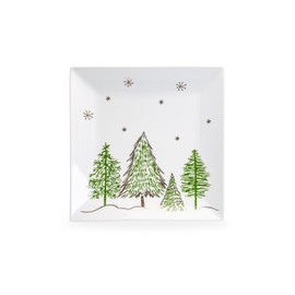 Gracie China Shop Christmas Pine Trees Fine Porcelain 10-inch Square Dinner Plate Set of 1, One Plate