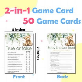 Baby Shower Game Cards-True Or False & Baby Shower Feud Activities For Boys & Girls-50 Bear & Greenery Cards(5’’ x7’’) & 1 Answer Card(4’’x6’’)-Gender Neutral Party Decor & Supplies-B03