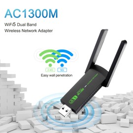 USB WiFi Adapter，AC1300Mbps Dual Band 5dBi High Gain Antenna 2.4GHz/ 5GHz Wireless Network Adapter for PC，Supports Windows /8/10/11