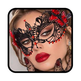 Yalice Butterfly Masquerade Masks Women Lace Eye Mask Black Costume Mask Sparkle Beaded Venetian Ball Mask for Roleplay (Red)