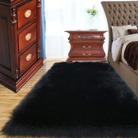 ABWXN Faux Sheepskin Fur Rug 60x120cm Fluffy Shaggy Rugs, Soft Furry Area Rugs for Bedroom Bedside Living Room -Black