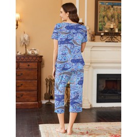 Ekouaer Womens Pajama Sets Ruffle Short Sleeve Sleepwear Top and Capri Pants Pjs Set Comfy 2 Piece Lounge Set,Cashew Navy Blue,S