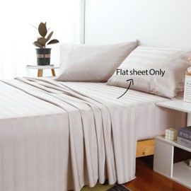 Cotton Twin Flat Sheet Only, 600 Thread Count 100% Egyptian Cotton Top Sheet 1Pcs, Cool & Breathable Flat Bed Sheets Wrinkle, Fade, Stain Resistant (Beige Stripe Twin)