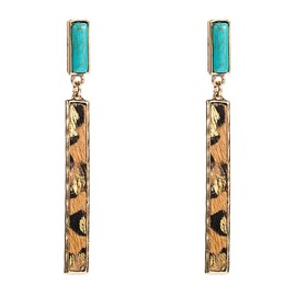Rectangle Turquoise Dangle Earrings for Women Girls Gold Plated Long Charms Birthstone Leopard Print Faux Leather Drop Dangling Stud Retro Lightweight Birthday Holiday Party Jewelry Gifts