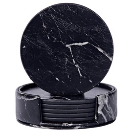 Leather Coasters Set of 6 with Holder- Protect Furniture from Water Marks & Damage, PU Leather Drink Coasters Cup Mat (Black Marbling)