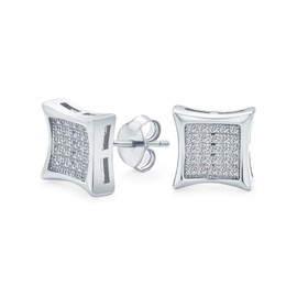 Simple Mens Womens Cubic Zirconia Micro pave CZ Kite Stud Earrings Rhodium Plated 925 Sterling Silver 9MM