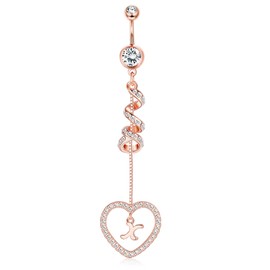 Drperfect 14G Belly Button Ring Dangle with Initials for Women Rose Gold Plated Navel Ring 316L Stainless Steel Heart Pendant Belly Piercing Jewelry24
