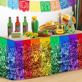 Catephe 2 Pcs Fiesta Party Decorations Table Skirts, 30 * 108 inch Mexican Themed Party Table Decorations, Cinco de Mayo Foil Fringe Table Skirt Decorations for Round and Rectangle Table