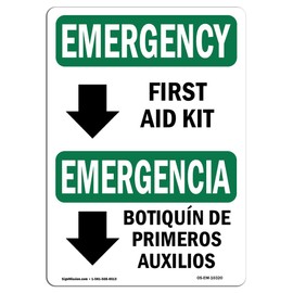 OSHA Emergency Sign - First Aid Kit Bilingual | Rigid Plastic Sign | Protect Your Business, Construction Site, Warehouse & Shop Area | Made in The USA