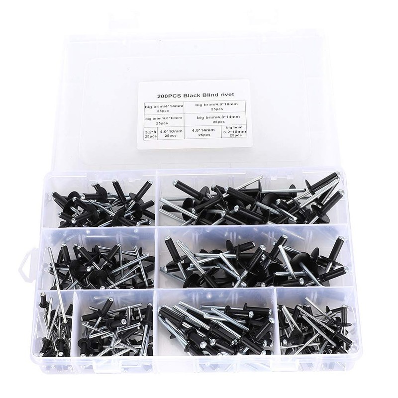 200pcs Black Blind Rivets Steel Mandrel Aluminum Body Pop Rivets