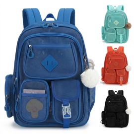 Lrenagao Mesh Backpack Heavy Duty, Semi-Transparent Bag for Women Girls Boys Adults, Large Capacity Bookbag with Padded Straps for School Beach Swimming Sports Travel Work-Royal Blue