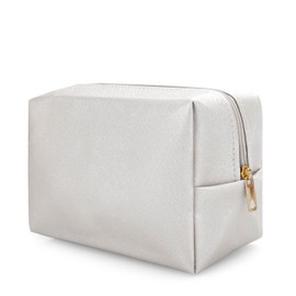 DOB SECHS PU Leather Cosmetic Bag Portable Toiletry Bag for Daily Use Cosmetic Organizer Water-resistant Make up Organizer Light Weight Travel Makeup Bag Cosmetic Pouch (White, L)