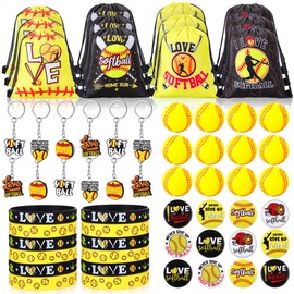 Honoson 60 Pcs Softball Party Favors Includes Mini Stress Ball Keychain Gift Bags Badges Silicone Bracelet for Kids Softball Birthday Party Supplies Goodie Pack Stuffers