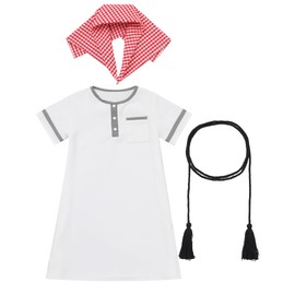 IDOPIP Muslim Baby Boys Ramadan Eid Outfit for Newborn Infant Toddler Boy Short Sleeve Kaftan Thobe Arabic Islamic Abaya Dubai Robe Prayer Clothes with Head Scarf + Rope Sets White + Red 2-3 Years