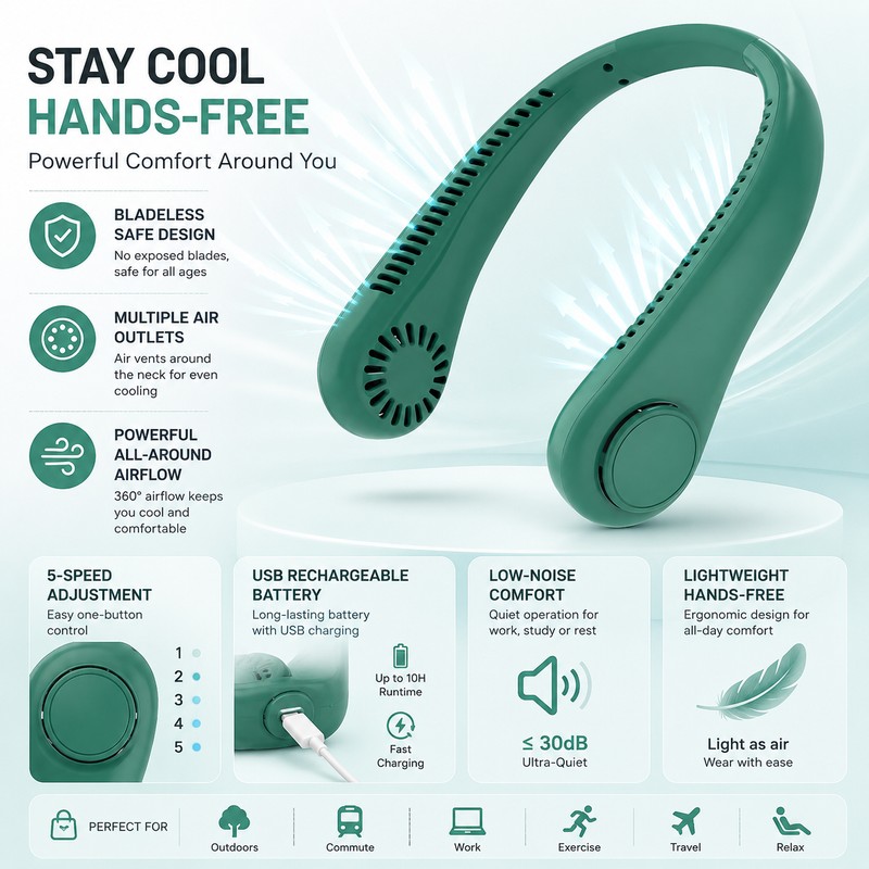 Portable Bladeless Neck Fan for Hands-Free Cooling – 5-Speed USB