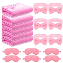 18 Pcs Sleepover Party Supplies for Girls, 6 Pink 49'' x 60'' Fuzzy Throw Blanket 6 Coral Fleece Spa Headband 6 Plush Eye Mask Covers for Sleeping Slumber Sleepover Spa Party Gift Movie Night Wedding