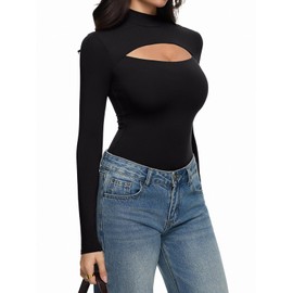 REORIA Women's Mock Neck Cutout Front Bodysuit Trendy Going Out Long Sleeve Body Suits Tops Fall Outfits 2025 Black XX-Large