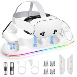 HURRA Charging Dock for Meta Quest 3S/3/2/Pro, Fast Charging Station with LED Indicator/Magnetic Charging Headset & Controllers, 2 Rechargeable Batteries, USB-C Charger & Cable