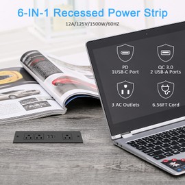 HEZI Recessed Power Strip, Furniture Drawer Outlet with 20W PD USB-C & 18W QC3.0 USB-A, Plug in 3 Outlets & USB Ports, Flush Mount 6FT Black Cord Conference Desk Outlet Fast Charge