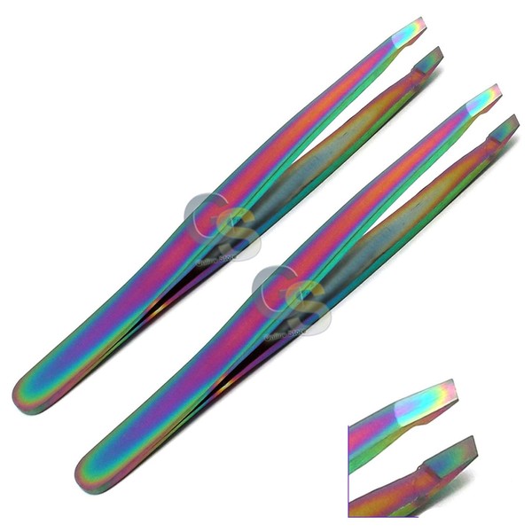 G.S SET OF 2 MULTI TITANIUM COLOR RAINBOW EYEBROW TWEEZERS