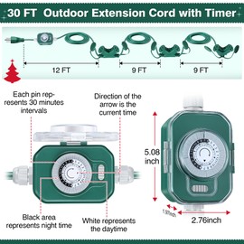 Feekoon 30 FT Outdoor Extension Cord with Mechanical Timer and 6 Outlet Plugs, 16AWG SJTW Green Power Cord with Safety Cover Heavy Duty Electric Flexible Cord for Outdoor Light Christmas Decoration