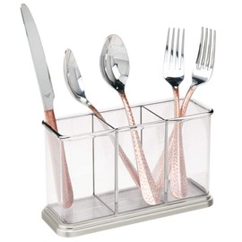 mDesign Plastic Cutlery Storage Organizer Caddy Bin for Kitchen Table, Cabinet or Pantry - Holds Forks, Knives, Spoons, Serving Utensils - Indoor or Outdoor Use, 3 Sections - Clear/Brushed