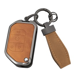HIBEYO 4 Button Key Fob Cover Compatible with Jeep Gladiator JT Sahara JLU 2018-2023 Jeep Wrangler JL JLU Rubicon Accessories Leather& Zinc Alloy Folding Key Shell with Keychains-4 Button Brown