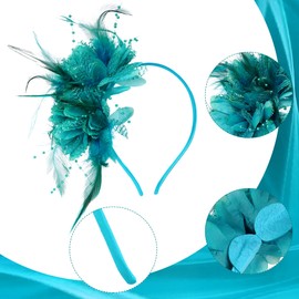 Womens Fascinators Hats Tea Party Hats for Women, Feather Pearl Veil Headband for Wedding Cocktail Dresses Accessories (CA/US, Alpha, One Size, Standard, Lake Blue)