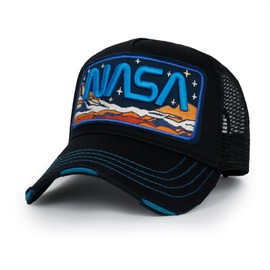 ililily Premium NASA Mars Mission Embroidered Distressed Trucker Cap, Black-Mars, Medium
