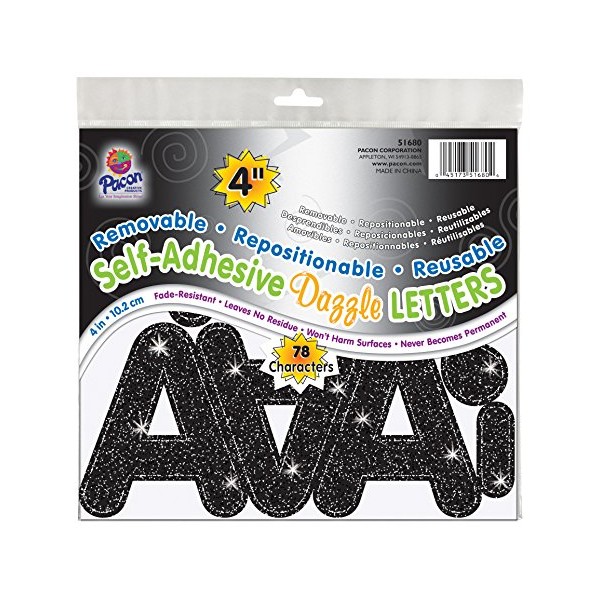 Pacon 4" Self-Adhesive Uppercase Letters, 78-Count, Black Dazzle (51680)