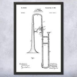 Framed Slide Trombone Print, Horn Player Gift, Trombone Wall Art, Brass Band Gift, Trombone Design, Orchestra Art Black & White (8x10)