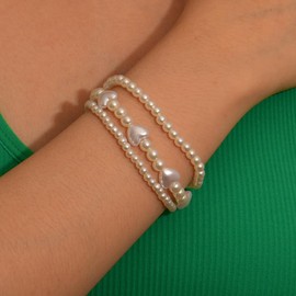 Layered Pearl Bracelets for Women,Multilayer Pearl Stretch Bracelet Pearl Heart Five Pointed Star Bracelets Baroque Pearl Stretch Bracelet Vintage Layered Bracelet Gift for Women Brides (Style-F)