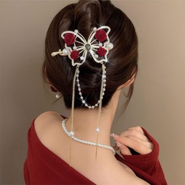 Rannyrena Gold Butterfly Hair Claw Clips with Pearl Tassel Red Rose Rhinestone Bows Heart Hair Clips Metal Nonslip Clamps Hair Accessories for Women (Red Rose Butterfly)