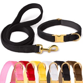 GAMUDA Velvet Dog Collar and Leash, Super Soft and Smooth, Heavy Duty Gold Buckle, Comfortable and Easy to Clean, Adjustable Collar for Dog (L, Black)