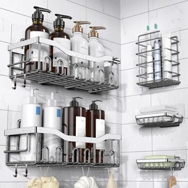 Rustproof Adhesive Shower Caddy Hanging - ASA STORES Silver 5-Pack No Drill Bathroom Organizer With 20 Hooks, Soap Holder,4 Snap Hooks-Stainless Steel Wall Mounted Storage For Kitchen & Home Decor