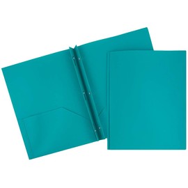 JAM PAPER Plastic 2 Pocket School POP Folders with Metal Prongs Fastener Clasps - Teal Blue - 6/Pack