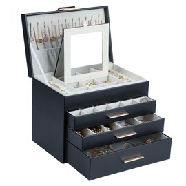 BOOVO 4 Layer Jewelry Box for Women, Jewelry Organizer Box with Necklace Hooks, 3 Drawers Jewelry Box for Sunglasses, Necklace and Bracelet Storage (Black, 4 Layer)