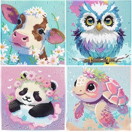 MIHURO Diamond Art Kids 4 Pcs Diamond Art for Kids Animal 5D Diamond Art Kits for Kids Owl Turtle Panda Cow Diamond Art Kit Gem Art Full Drill Art Kits Crafts Sets for Girls Boys