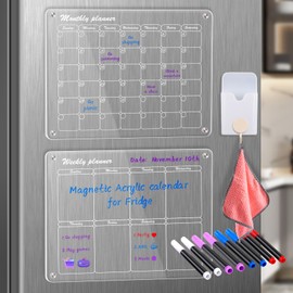 YLLYQ Acrylic Magnetic Monthly and Weekly Calendar for Fridge, Dry Erase Magnetic Calendar Board for Fridge Reusable Planner, Includes 8 Markers for Family List, Shopping List(15.7"x12"Inches)