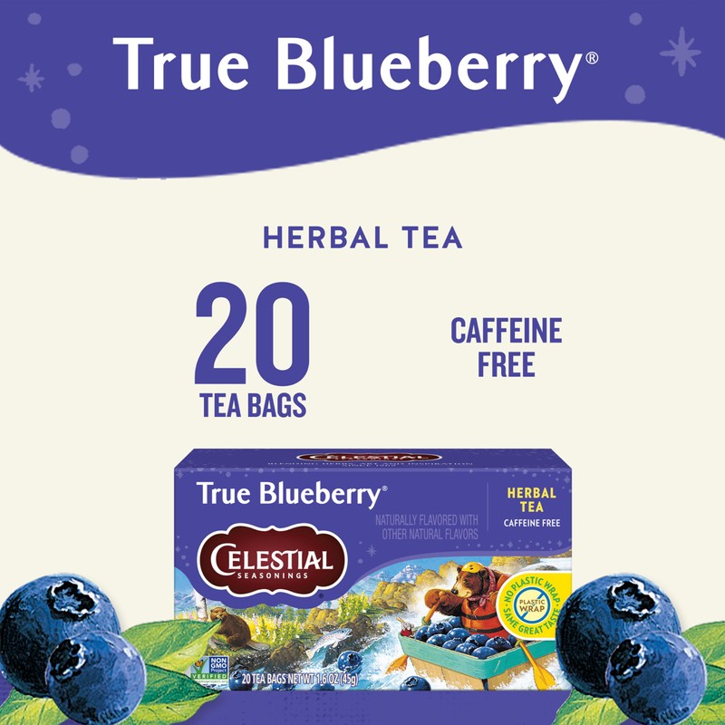 Celestial Seasonings True Blueberry Herbal Tea Bags, Caffeine Free, 20
