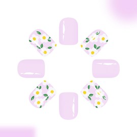 Light Purple Press on Nails - Short Square Fake Nails,White Flower Design False Nails | Full Cover Glossy Acrylic Nails,Stick on Nails for Women | Spring Summer Nail Art Decoration | 12 Sizes-24Pcs