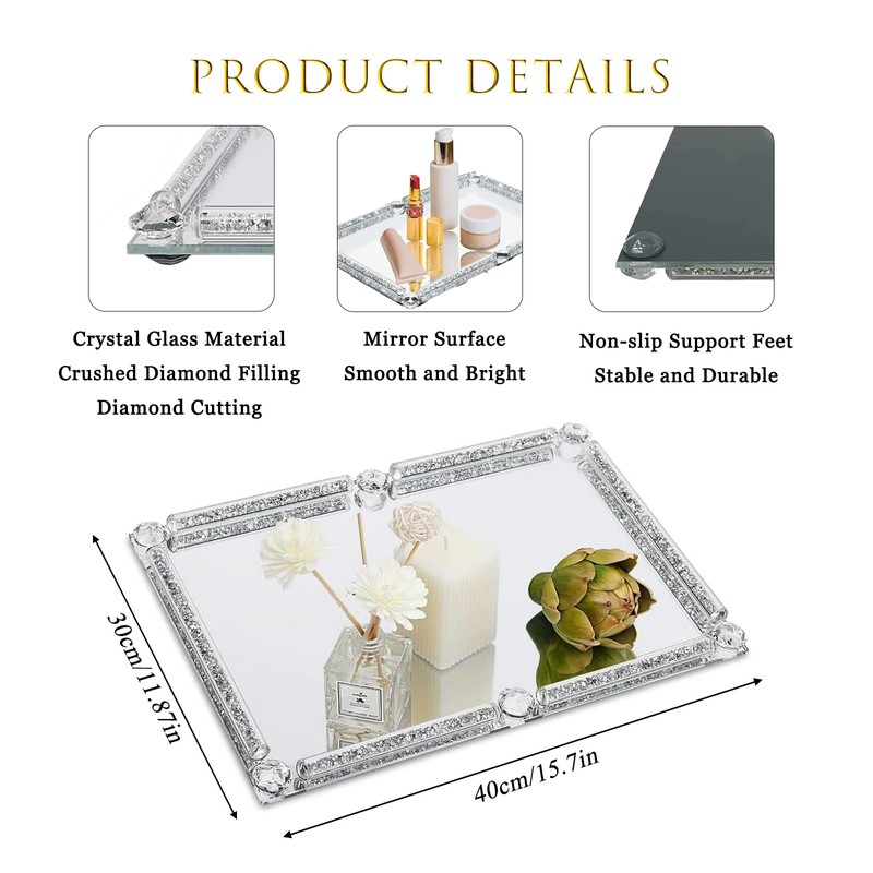 Large Crystal Perfume Tray, 15.7" x 11.8" Silver Glass Mirror