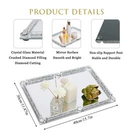 Large Crystal Perfume Tray, 15.7" x 11.8" Silver Glass Mirror Vanity Tray Noble Jewelry Trinket Display Tray for Desser Crushed Diamond Home Decor Cosmetics Makeup Organizer Serving Trays for Party