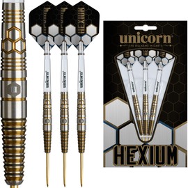 Unicorn | Hexium | 90% Tungsten Black Bomb/Spring Onion Front-Loaded Barrels with Gold Rings | Steel Tip Darts Set | Noir Black Volute Points | 22g, 23g, 24g, 25g or 26g (Gold, 24 g)