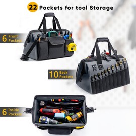 FRECOLSH Large Heavy Duty Tool Bag for Men – 17" Toolbox Organizer with 22 Pockets & Wrench Holder – Wide Mouth Tool Tote with Anti-Slip Base – Gift for Handyman, Mechanic, Father's Day
